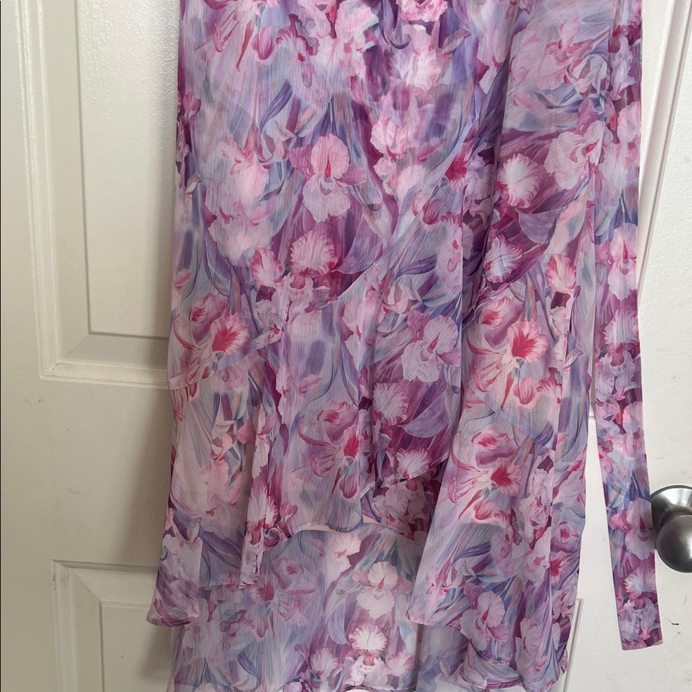Adrianna Papell Floral Chiffon Wrap Midi Dress | Pink Purple Wedding Guest - Picture 4 of 7